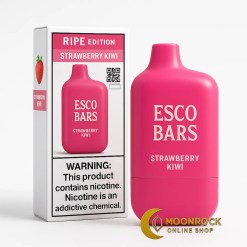 Pink disposable vape with Strawberry Kiwi flavor next to retail box and nicotine warning