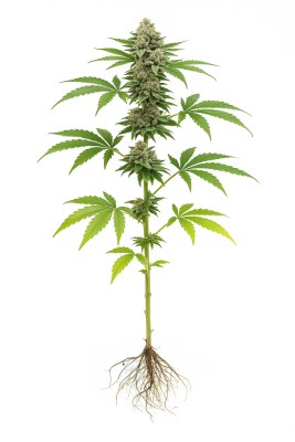 Full Sundae Driver cannabis plant with roots displayed on white background, showing frosty buds and vibrant green-purple leaves