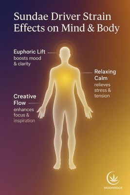 Infographic of a glowing human silhouette showing Sundae Driver strain effects: euphoric lift in the head, relaxing calm in the chest, and creative flow through the hands — on a purple-to-gold background with Moonrock branding.