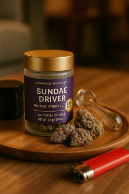 Sundae Driver cannabis strain jar and buds on a wooden tray with grinder and glass pipe under warm light.