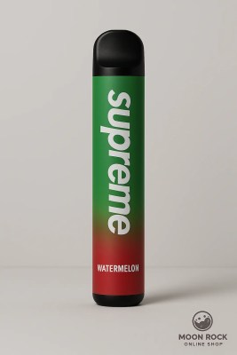Supreme Watermelon disposable vape on light gray background with Moonrock badge.