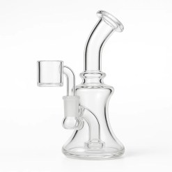 Clear glass travel mini dab rig with 10 mm female joint on a white background
