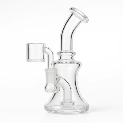Clear glass travel mini dab rig with 10 mm female joint on a white background