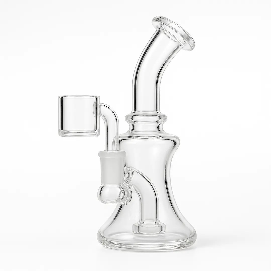 Clear glass travel mini dab rig with 10 mm female joint on a white background