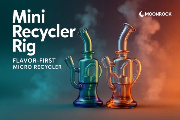 Two colorful 5.5-inch mini recycler rigs with 10 mm joints on a smoky gradient background, flavor-first micro recycler hero image by Moonrock Online Shop