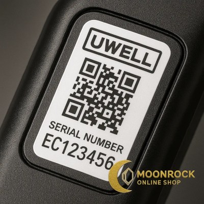 Macro of a device label with QR code and serial number for authenticity