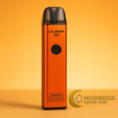 Bright orange Uwell Caliburn G3 vape device standing upright on a golden background with visible OLED screen and Moonrock Online Shop logo in the corner.