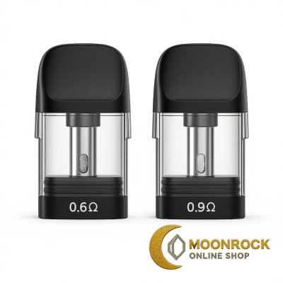 Uwell Caliburn G3 replacement pods 0.6 ohm and 0.9 ohm side by side on white with Moonrock Online Shop watermark