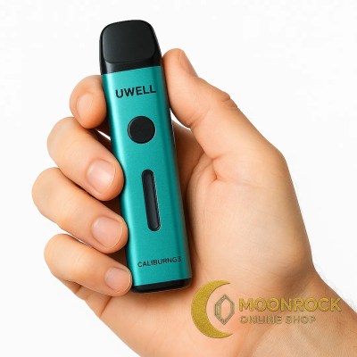 Hand holding a compact refillable pod vape against a white background