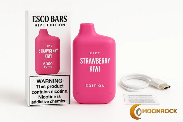 Strawberry Kiwi Esco Bars Ripe Edition with retail box, USB-C cable, and info card on a white background