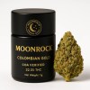 Premium Moonrock Colombian Gold cannabis 1g jar beside a dense golden-green bud, matte black packaging with gold label and Moonrock Online Shop logo, COA verified for purity.