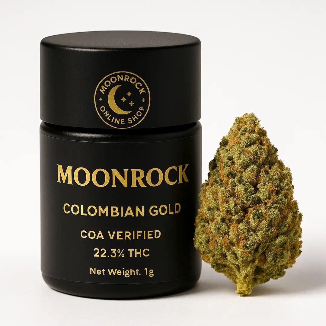 Premium Moonrock Colombian Gold cannabis 1g jar beside a dense golden-green bud, matte black packaging with gold label and Moonrock Online Shop logo, COA verified for purity.