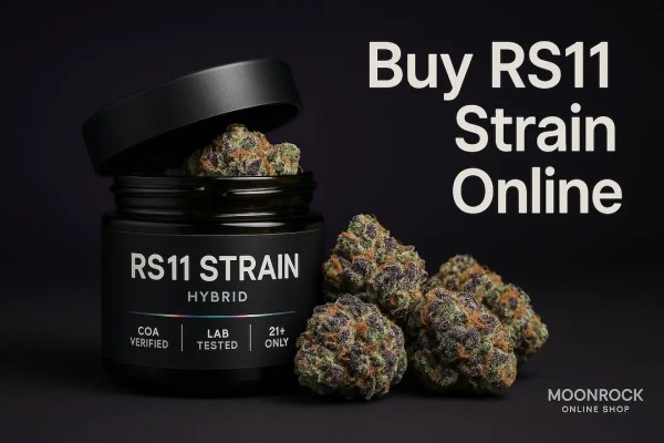 Hero image of RS11 strain cannabis jar with frosty purple-green buds on a dark gradient background promoting Buy RS11 Strain Online at Moonrock Online Shop.