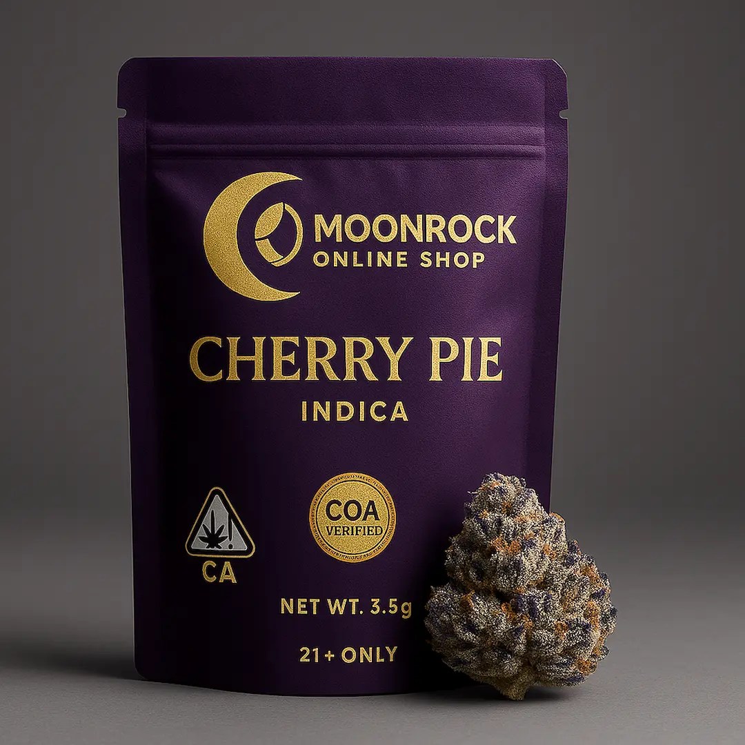 Premium Cherry Pie strain cannabis pouch in royal purple and gold with Moonrock Online Shop logo, CA cannabis warning badge, COA Verified seal, and frosty bud beside the package.
