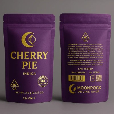 Front view of Cherry Pie strain cannabis packaging in royal purple and gold with Moonrock Online Shop logo, CA warning badge, COA verified seal, and net weight label.