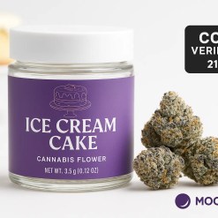 Ice Cream Cake strain flower beside labeled glass jar on white studio background with COA-verified badge — Moonrock Online Shop