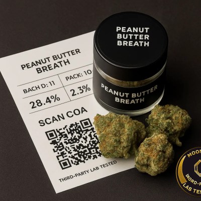 Peanut Butter Breath strain with COA flat-lay showing batch, pack date, THC, and terpene totals
