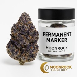 Permanent Marker strain cannabis flower with purple trichomes beside labeled Moonrock jar and gold Moonrock Online Shop logo