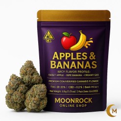 Apples and Bananas strain cannabis flower beside Moonrock Online Shop branded pouch showing juicy flavor profile and CA compliance labe