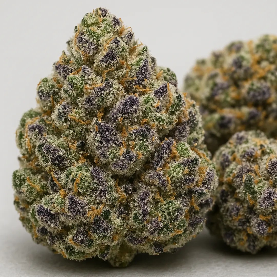 Macro close-up of RS11 cannabis flower showing frosty trichomes, purple highlights, and dense nug structure.