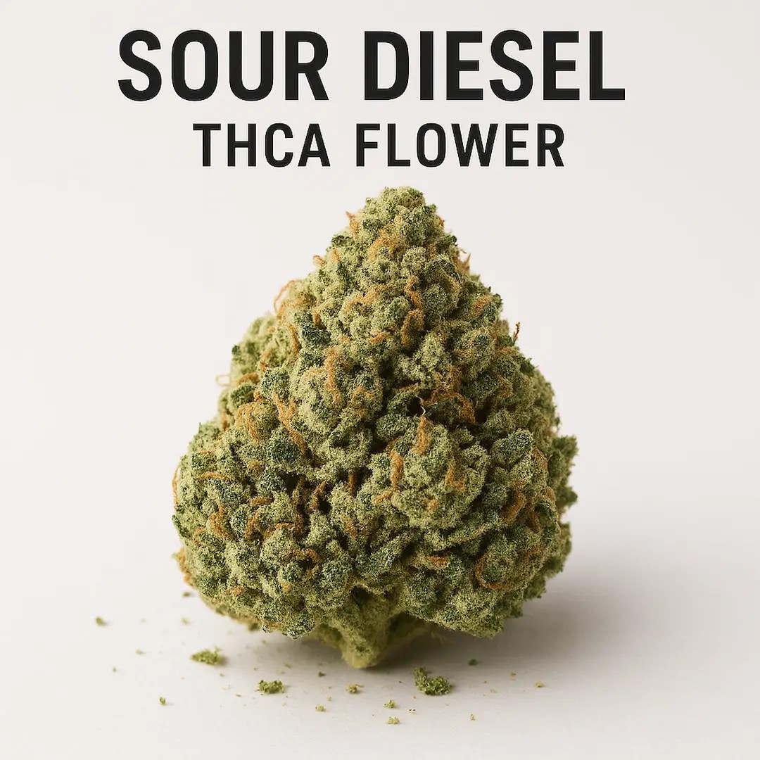 Sour Diesel THCA Flower premium indoor bud with bright orange hairs and dense frosty trichomes on a clean white background.