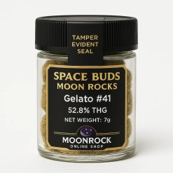 Premium Space Buds Moon Rocks Gelato #41 strain in a sealed glass jar with tamper-evident black lid and gold label, 52.8% THC, 7g COA verified.