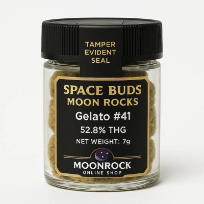 Premium Space Buds Moon Rocks Gelato #41 strain in a sealed glass jar with tamper-evident black lid and gold label, 52.8% THC, 7g COA verified.