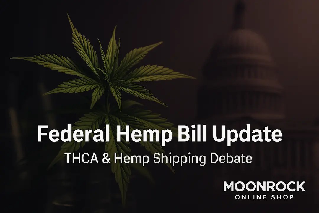 Thumbnail showing a hemp plant with the U.S. Capitol silhouette behind it, illustrating the federal hemp bill update and the national THCA and hemp shipping debate.
