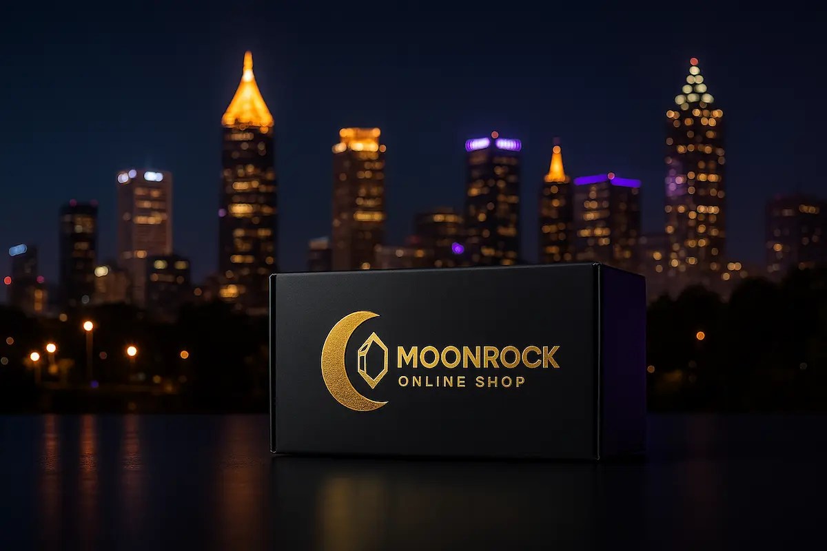 THCA Delivery Atlanta hero banner featuring a Moonrock Online Shop shipping box with the Atlanta skyline at night in purple and gold lighting