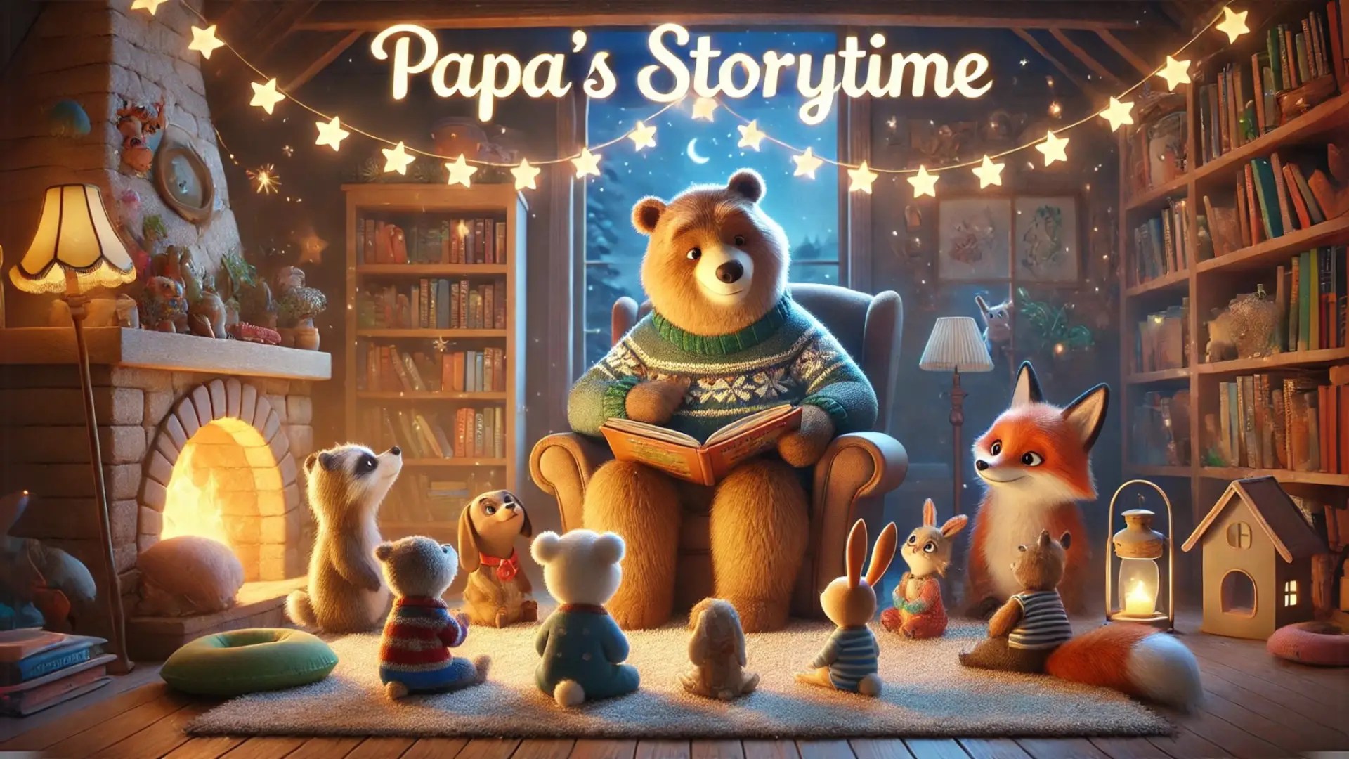 Papas Storytime Banner - Papa Bear reading to young animals of all kinds who are listening intently