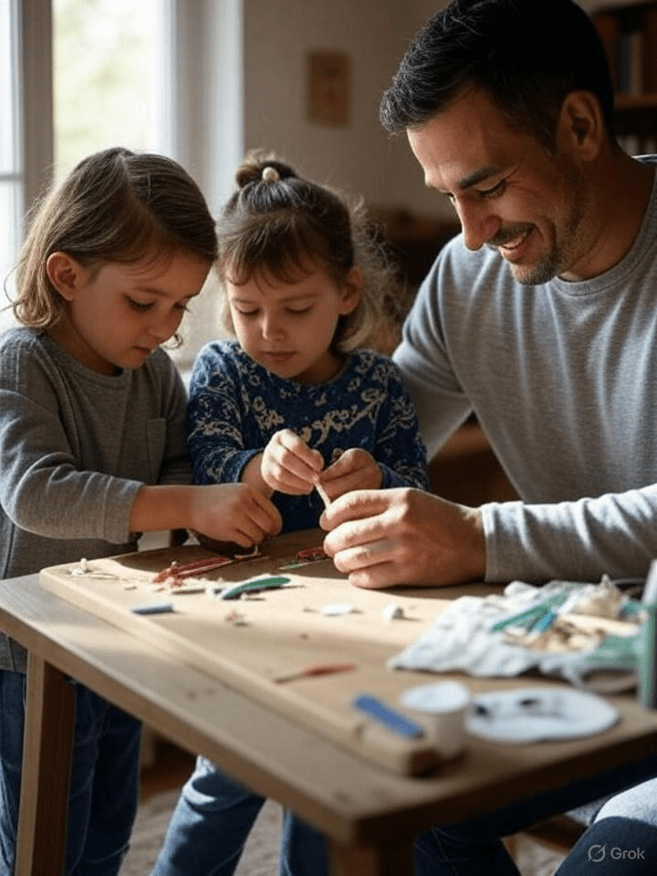 Father doing crafts with his daughters