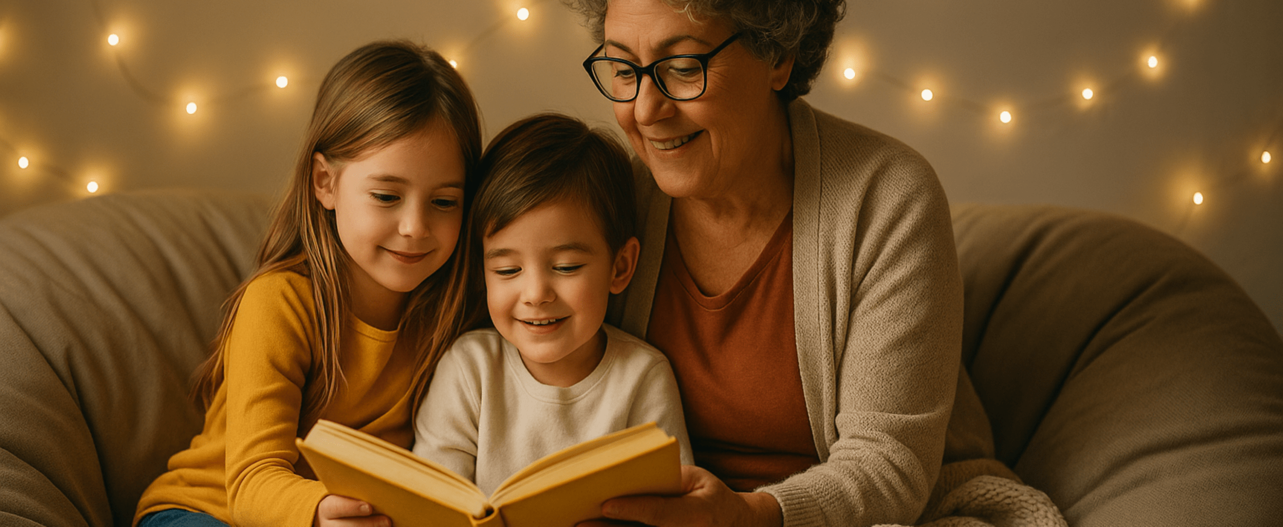 Grandma reading a book with her grandchildren