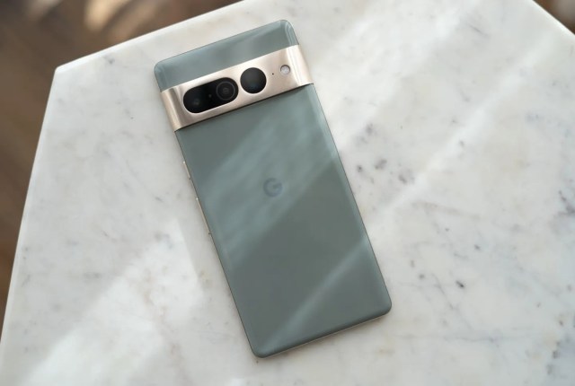 The Google Pixel 7 Pro resting on a table.