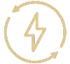 gold outline power icon arrows showing direction around an outline of a lightning bolt