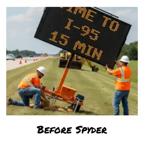 two traffic control workers in orange vests and white hard hats struggle to level and put in upright position a traditional pcms message board on the grassy area of the shoulder of the road.