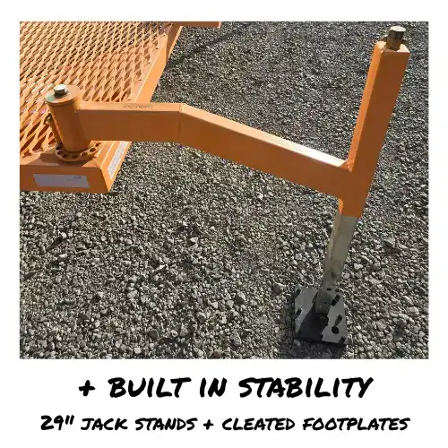 about us. close up image of the 29" jack stand and cleated footplate of the spyder leg on the spyder platform pcms