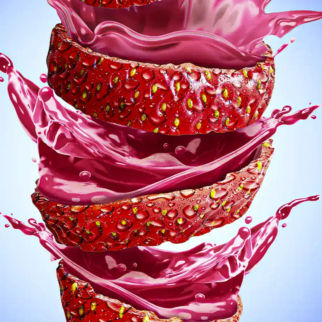 Sorvete de morango com calda de frutas vermelhas, com gotas de líquido rosa, arte digital vibrante, decoração de sobremesa, imagem de alta qualidade, charme e frescor, ideal para marketing de alimentos.