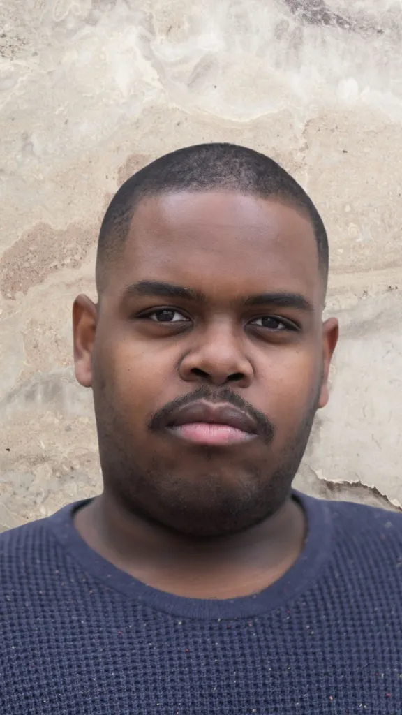 une homme noir avec une moustache et une coupe couronne