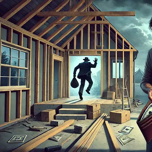 A frustrated homeowner holds cash in their hand, looking concerned, while a contractor walks away in the background. The image represents the common issue of contractors disappearing with upfront payments