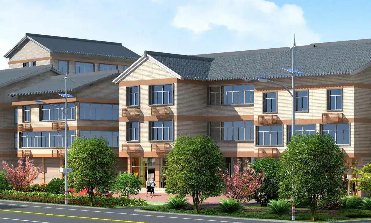 Exterior view of a multi-unit residential building with shared entrances and landscaped walkways