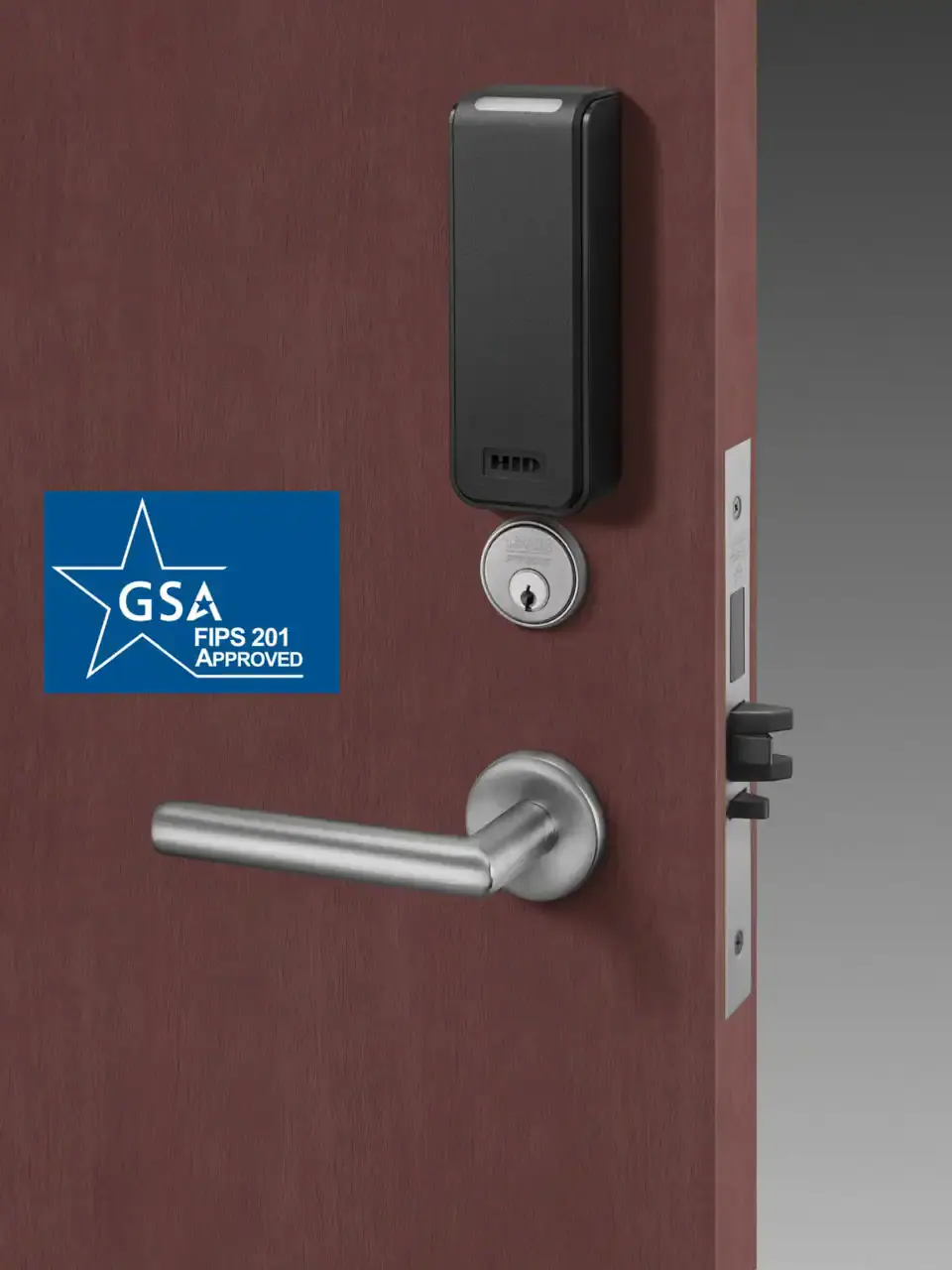 GSA-approved electronic door lock and access control hardware installed on a Washington, DC public facility door.