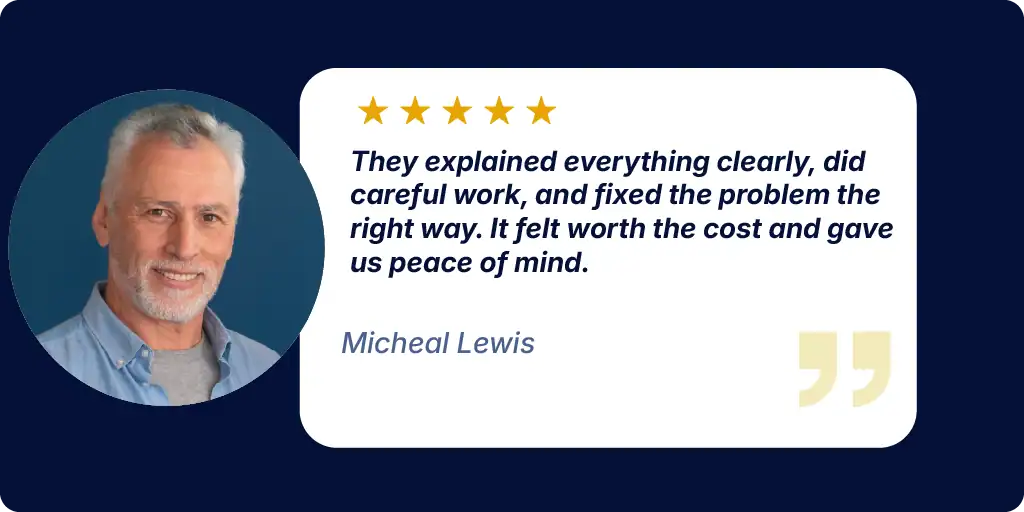 Five-star testimonial from a College Park homeowner praising clear communication, careful work, and peace of mind.