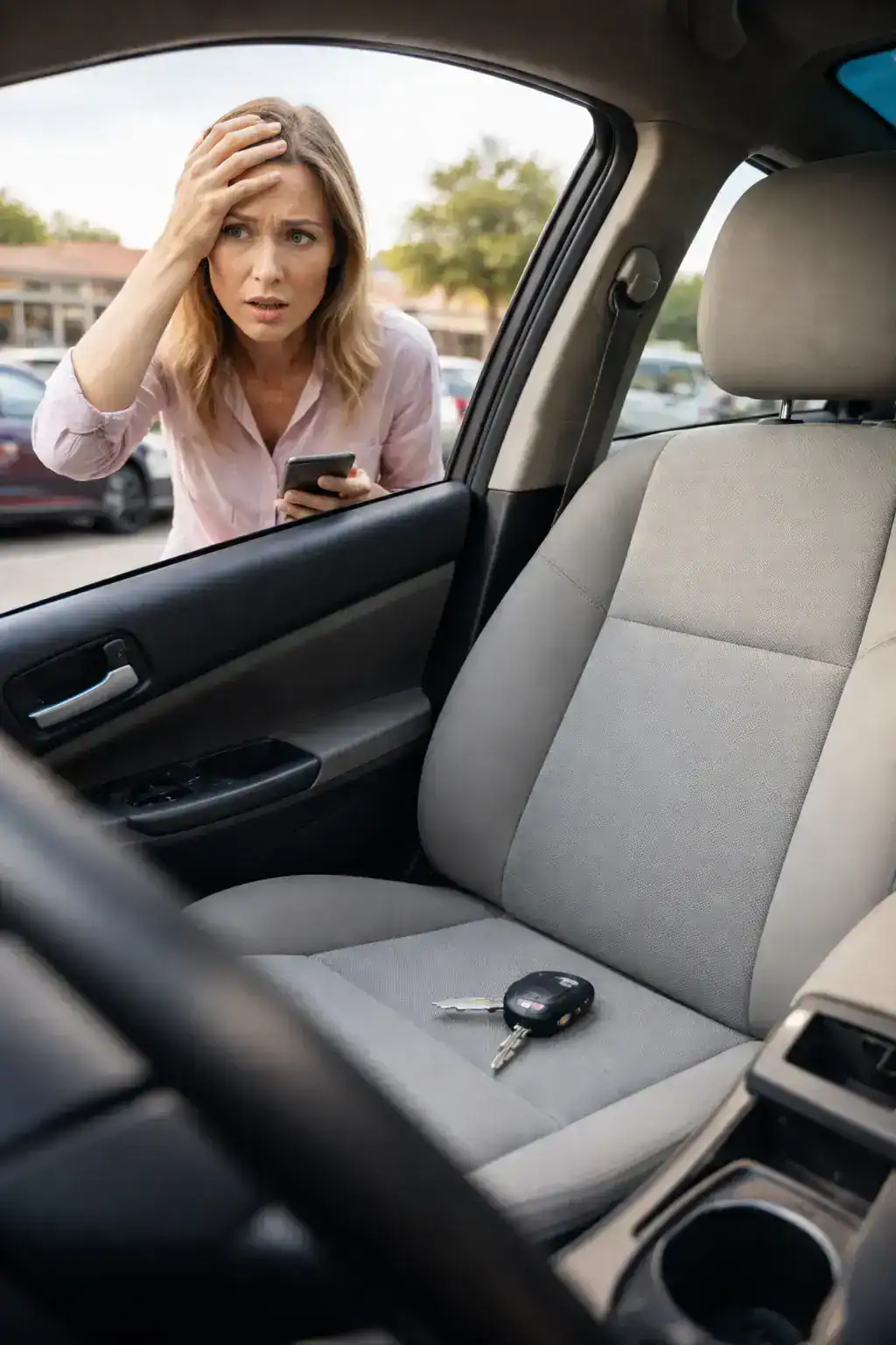 Driver locked out of vehicle in Elkridge Maryland with car keys visible on front seat, highlighting need for 24/7 mobile automotive locksmith and car key replacement service