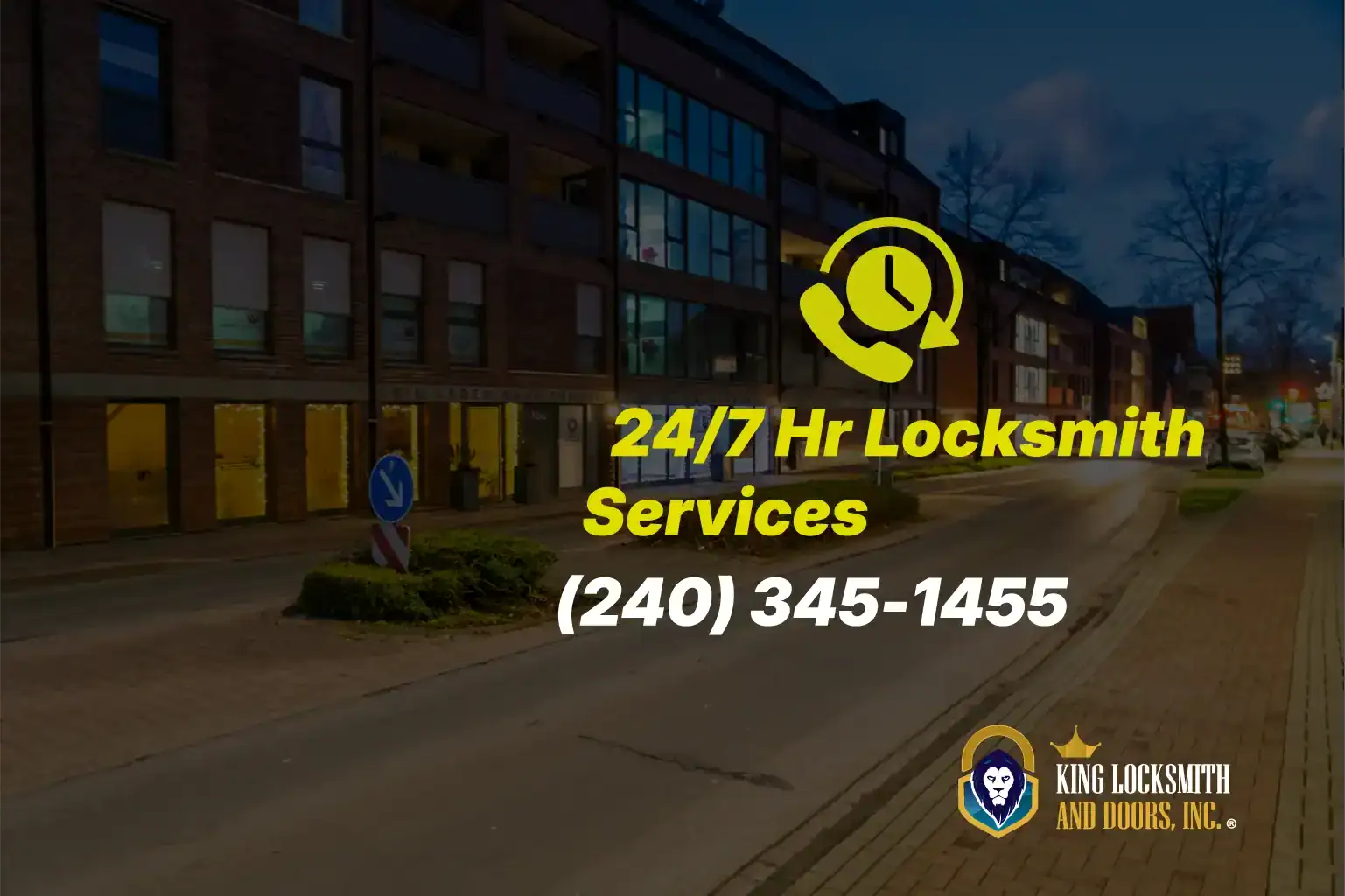 24/7 emergency locksmith services in Elkridge MD with King Locksmith. phone number (240) 345-1455 displayed over nighttime city street background for immediate home and business lockout assistance