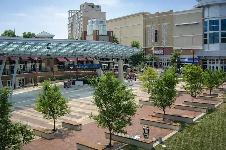Veterans Plaza and Silver Spring Civic Building area in downtown Silver Spring MD showing mixed use commercial and residential properties.
