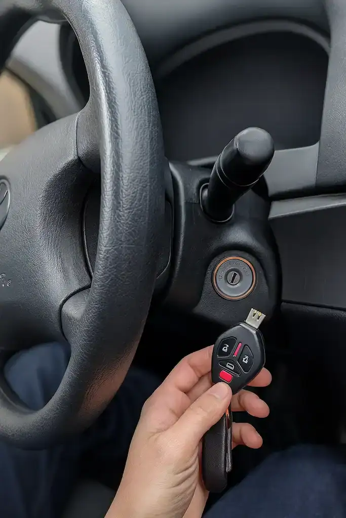 Close-up of a car ignition and steering wheel with a hand holding a broken car key fob, representing automotive locksmith services in Chillum MD including car key replacement, key fob programming, and ignition repair.
