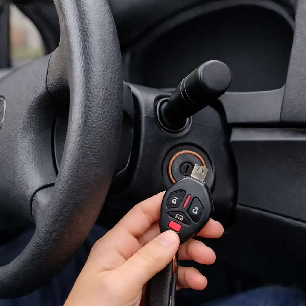 Car key replacement and automotive locksmith service in Ellicott City Maryland with OEM key fob near ignition