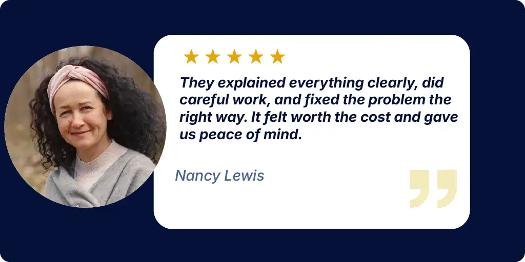 Customer testimonial from Nancy Lewis praising clear communication, careful locksmith work, and peace of mind from King Locksmith and Doors.