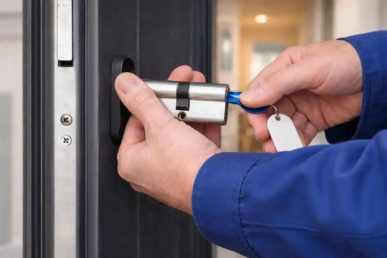 Residential rekey service in Silver Spring MD with locksmith installing cylinder and resetting home door authorization for secure entry control.