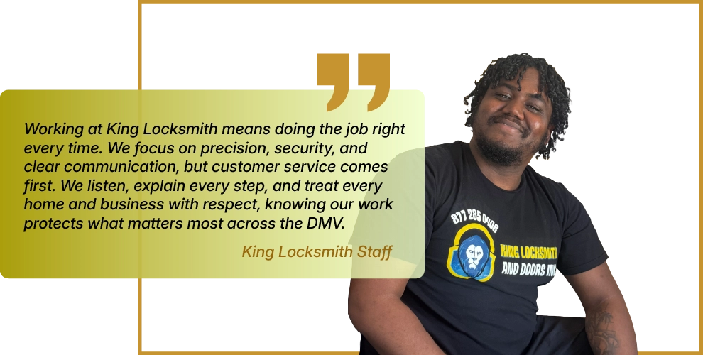 King Locksmith technician sharing customer service values and professional pride in the DMV